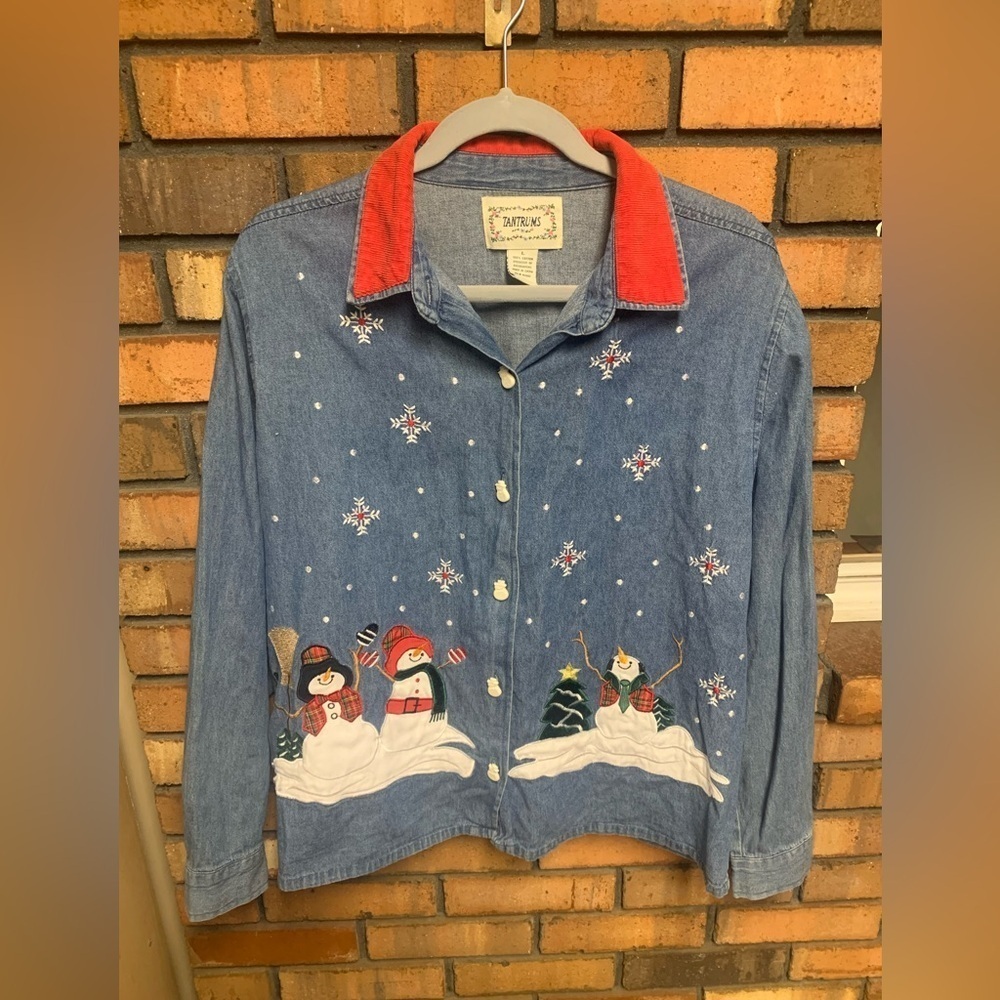 Vintage Tantrums Blue Denim Shirt with Snowman Embroidery